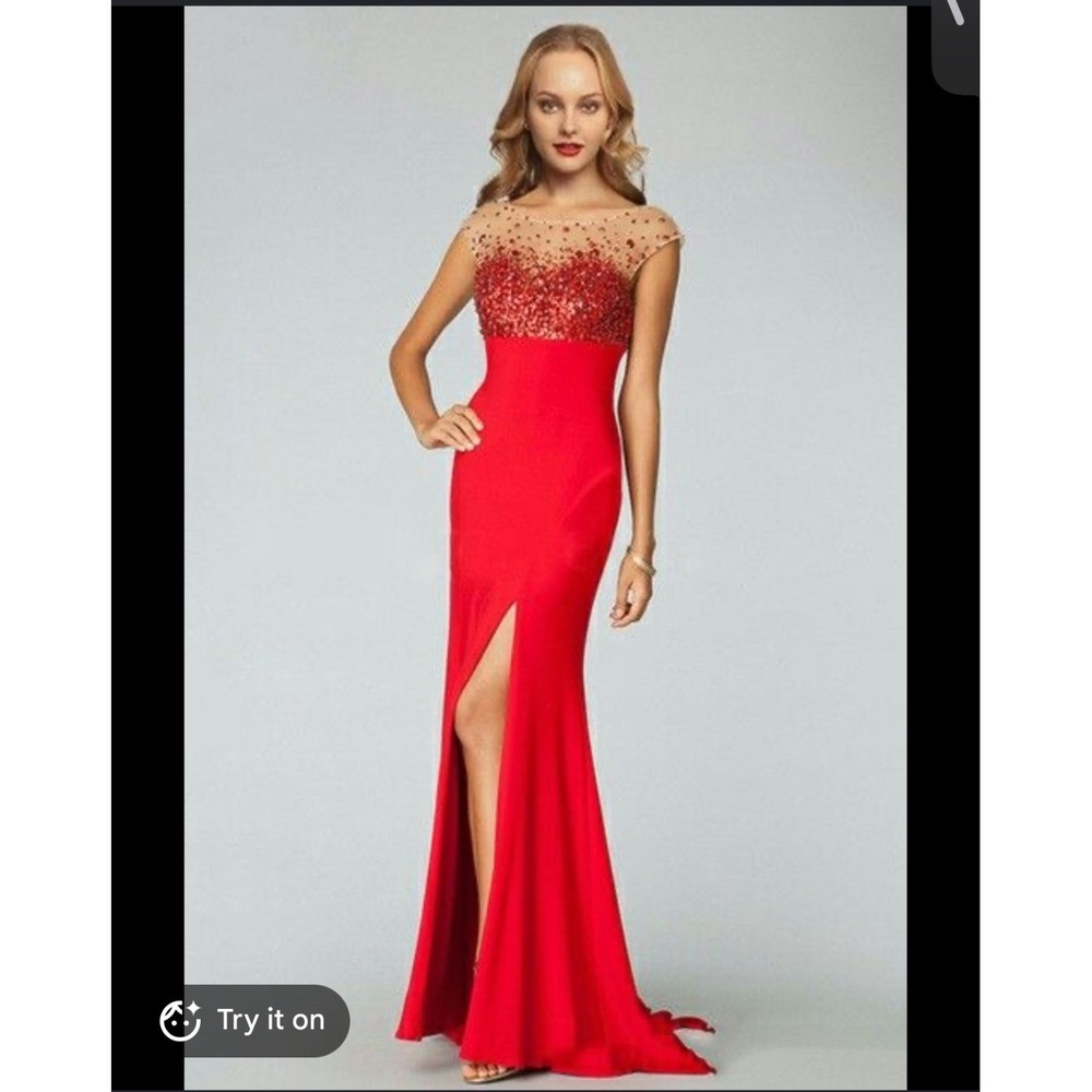 JVN Jovani Red Sequin Illusion Neckline Formal Gown Open Back Slit Dress 8